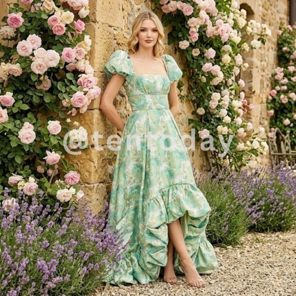 Mac Duggal Size 4 Green Gold Floral Brocade Ruffled Bubble Hem Gown Maxi Dress - Picture 2 of 6